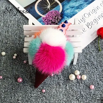 

Fur Keychain Korean Style Inc Cream Keyring With Real Mink Pompom For Women's Charm Bag Holder Car Key Ornaments Chains