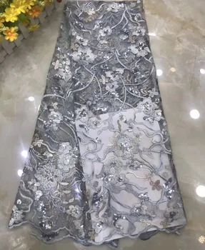 

(5yards/pc) grey color African net lace fabric soft French lace fabric with embroidery and sequins for party dress FZZ654