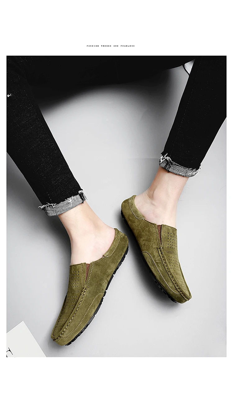 Man Summer Fashion Pig Skin Casual Half Shoe Male Breathable Soft Backless Half Loafers Hombre Open Back Leather Comfy Mocassins