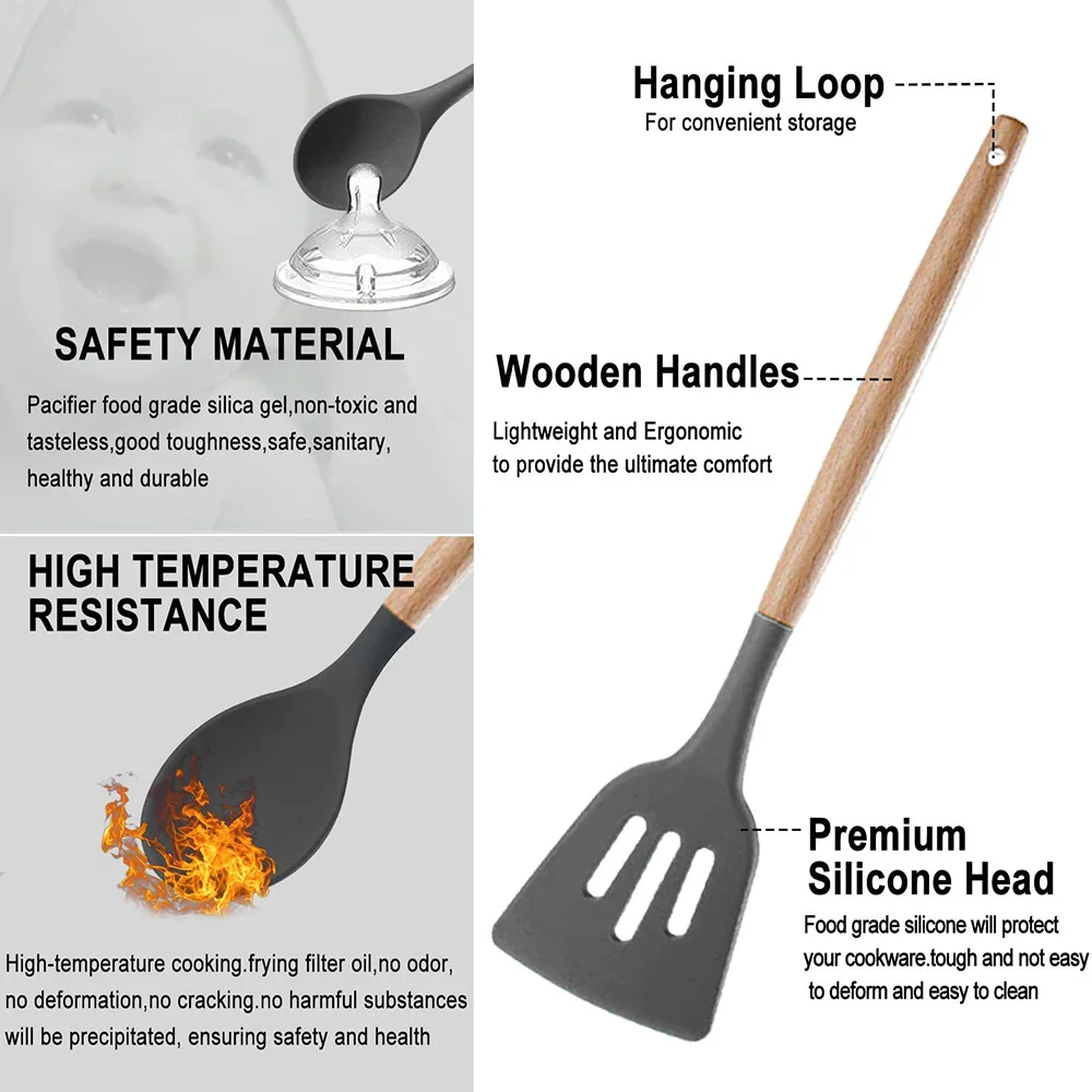 Набор кухонной утвари из силикона с деревянной ручкой|cooking tools|turner spatulakitchen cooking
