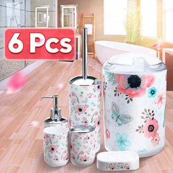 

6 Pcs/Set European Plastic Flower And Bird Bathroom Toiletries Lotion Bottle Toothbrush Holder Soap Dish Trash Can Bathroom Sets