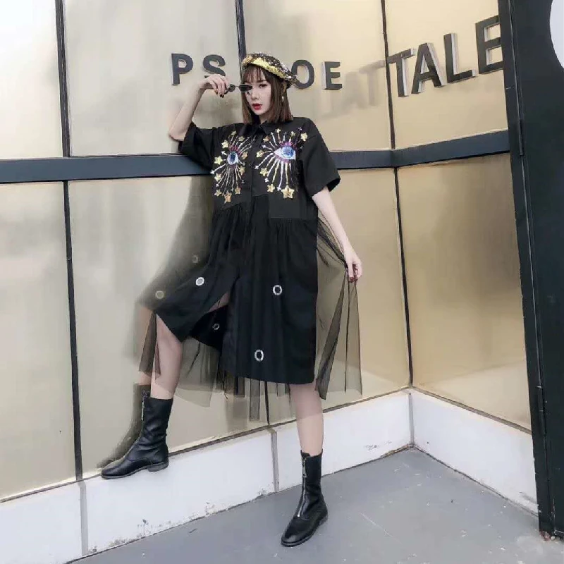 

2020 New Spring Summer Women Cotton Short Sleeve Loose Sequins Mesh Dresses Female Fashion Casual High Quality Printing Dress