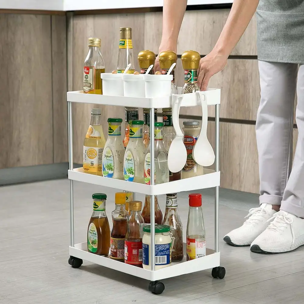 3 Layers Removable Storage Rack kitchen Wheeled Trolley Spice Racks Bathroom Floor Rack Home Organizer