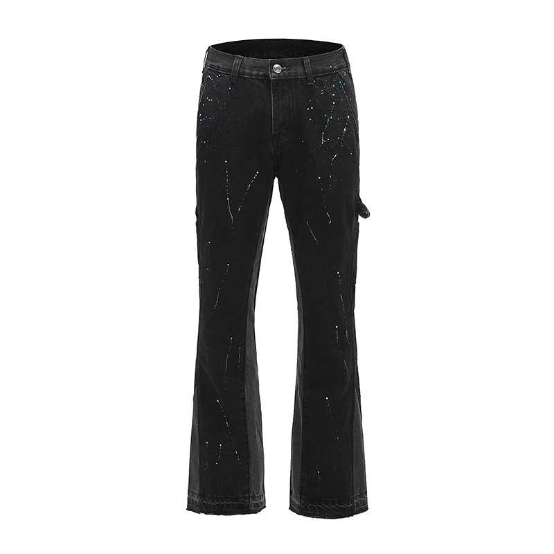Flared Jeans Pants Denim Trousers Patchwork Ripped Retro Plus-Size High-Street Wide-Leg