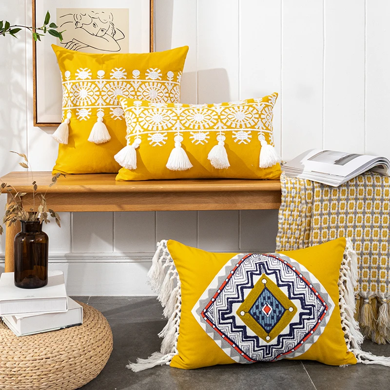 2 Housses Coussin 30x50cm Jaune Velours - Motif Mandala Boho - Déco Canapé Ou Lit