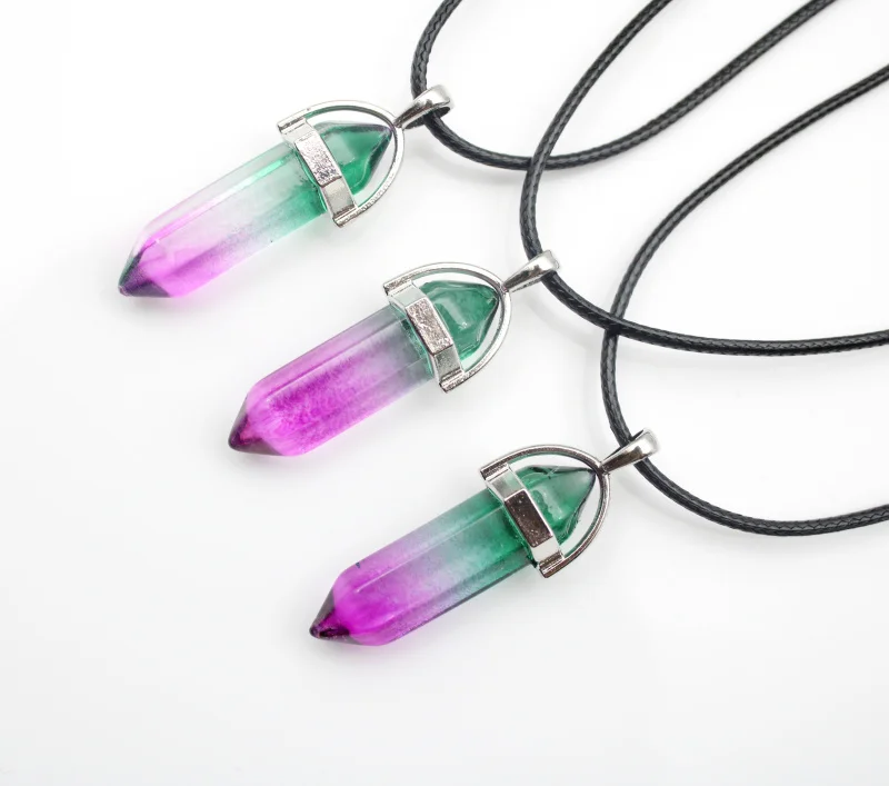 1PCS Natural Stone Quartz Crystal Opal agates Hexagonal Column Pendulum Pendant Leather Chains Necklace Fashion charms Pendant