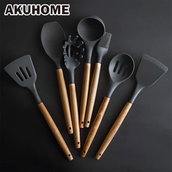 

Silicone Kitchen Tools Set Cooking Tools Utensils Set Spatula Shovel Soup Spoon with Wooden Handle Special Heat-resistant Design