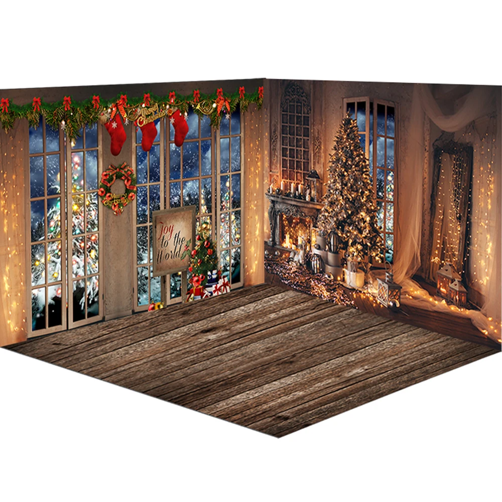 

Photography Backdrops Christmas Party Background Cuddle Up Dark Wooden Cozy Cabin Room Backdrops Window Light Tree Gifts Stove