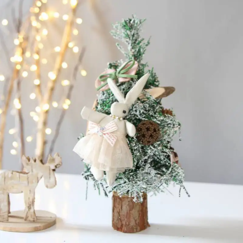 Mini Artificial Christmas Tree with Round Wood Base Desk Table Display Ornaments Xmas Holiday Gift Decorations 10 inch 1