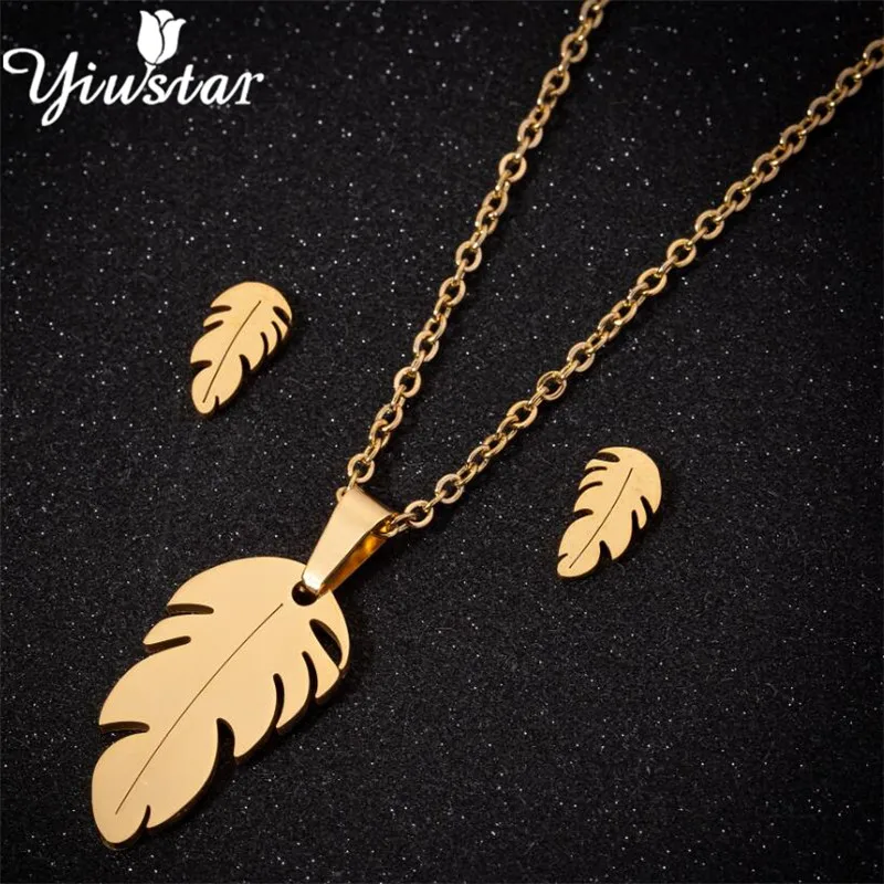 Yiustar Gold Trendy Feather Necklace Leaf Jewelry Sets for Women Stainless Steel Statement Earrings Girls Earing Bijoux | Украшения и