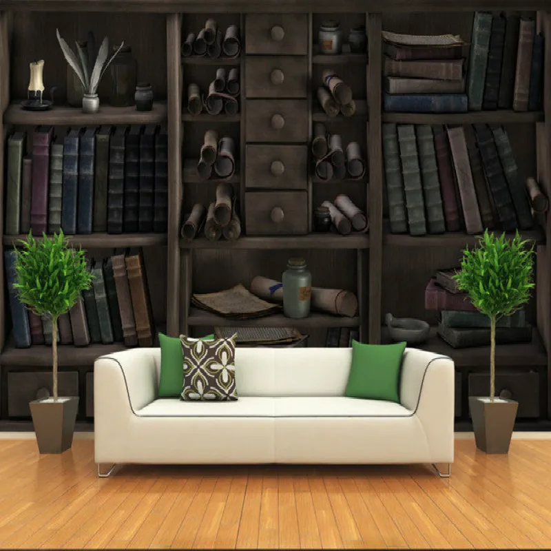 Custom Retro Bookcase Bookshelf 3D Photo Wallpapers for Living Room