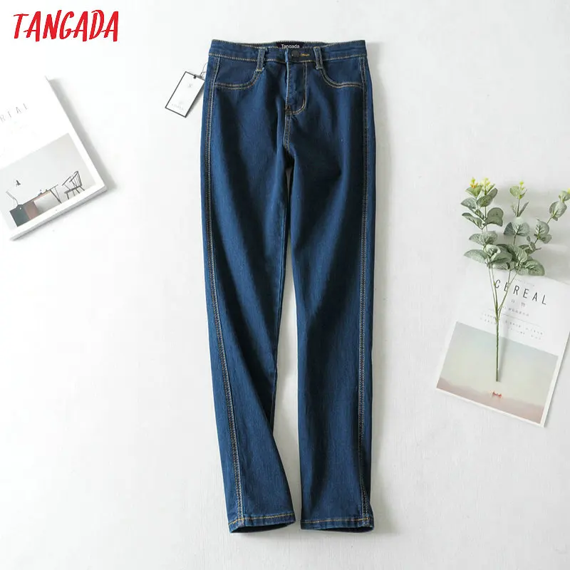 

Tangada women high waist jeans pants korea style button pocket blue denim jeans pencil casual fashion female jeans FN103