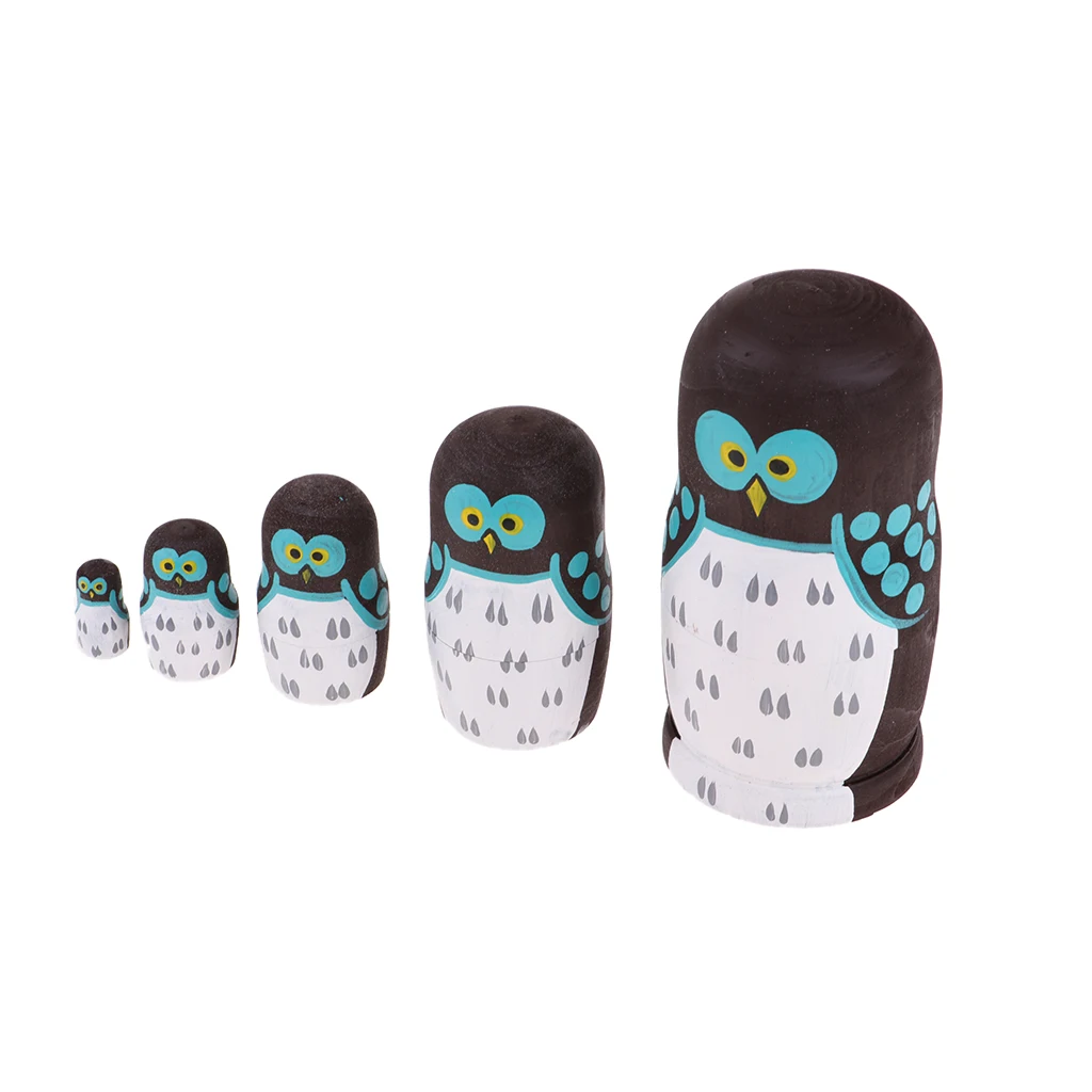 Christmas Decoration Gift - Cartoon Owl Pattern Russian Matryoshka Babushka Dolls - Hand Painted Wooden Dolls 5 Pieces Kit