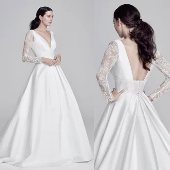 

Lace Stain White Wedding Gown with Sleeves A-Line Backless Brush Train Dressses for Weddings Vintage Satin Vestidos De Novia