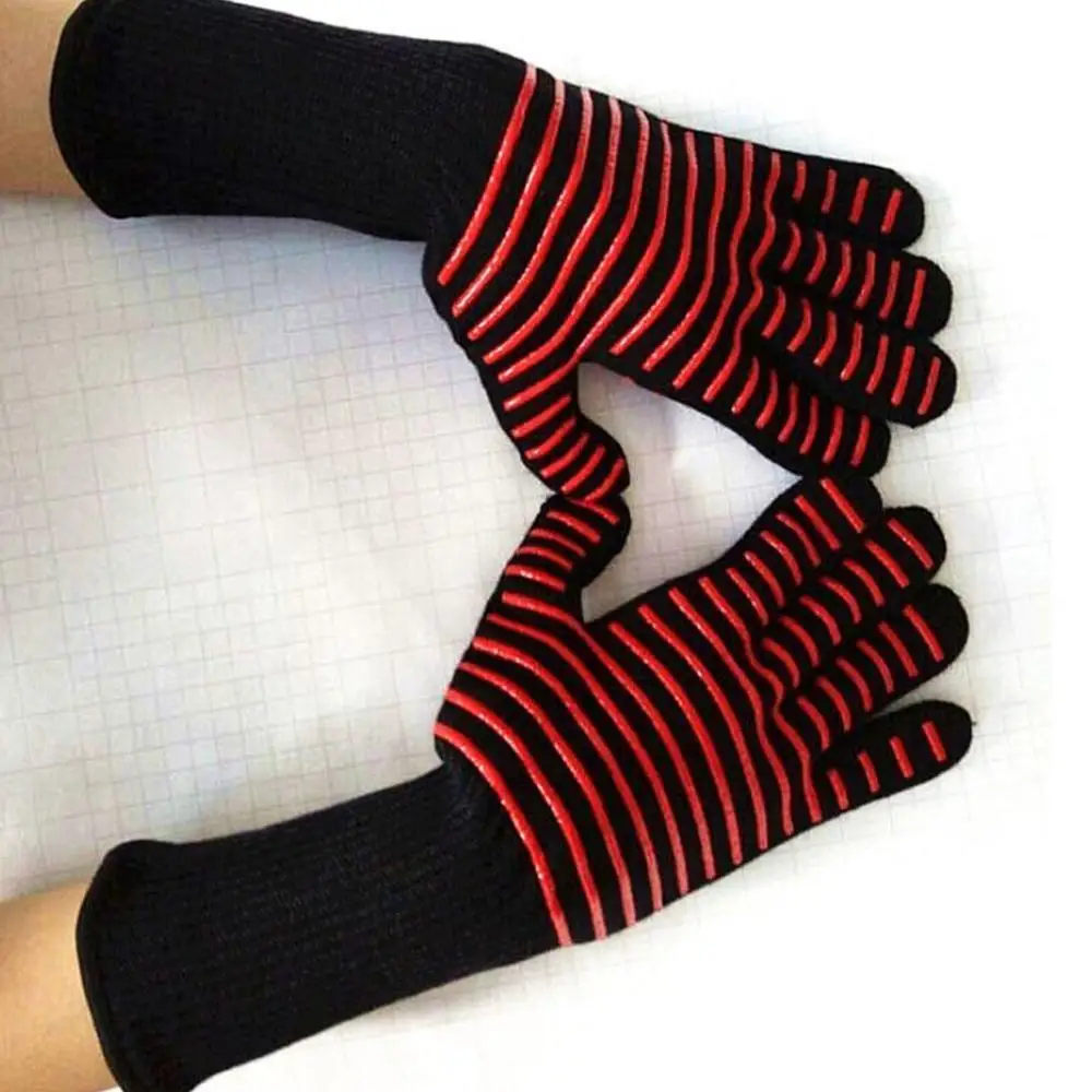 Red stripes Высокое качество противоскользящие износостойкие хлопковые перчатки 800 градусов огнеупорная изоляция огнестойкий костюм с перчатками для барбекю микроволновая печь - Цвет: Red stripes