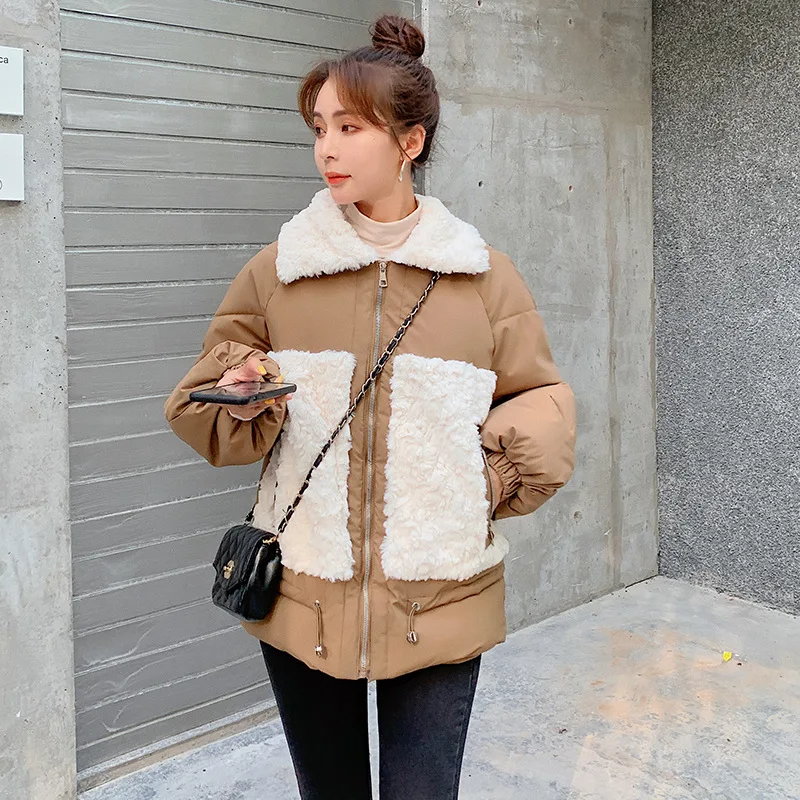 Thin light Down Cotton Jacket Female Winter New Short Coat Loose Lamb-like Wool Female Warm Cotton Outwear