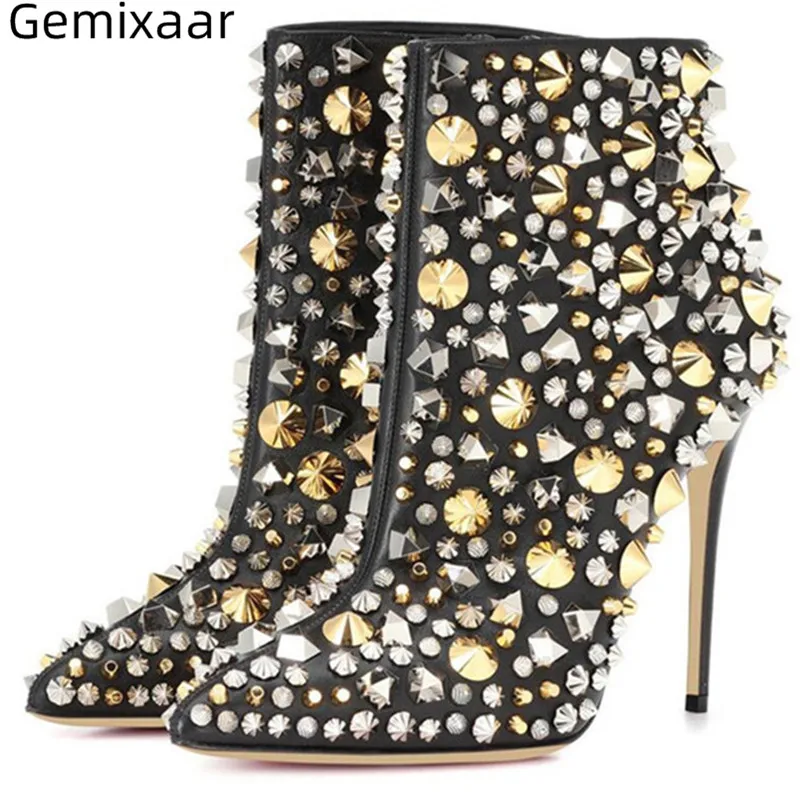 

Autumn Spring Luxury Jewelry Boots Woman Point Toe High Gladiator Heel Comfy Bottes Side Zipper Lightning Crystal Woman Boots 42