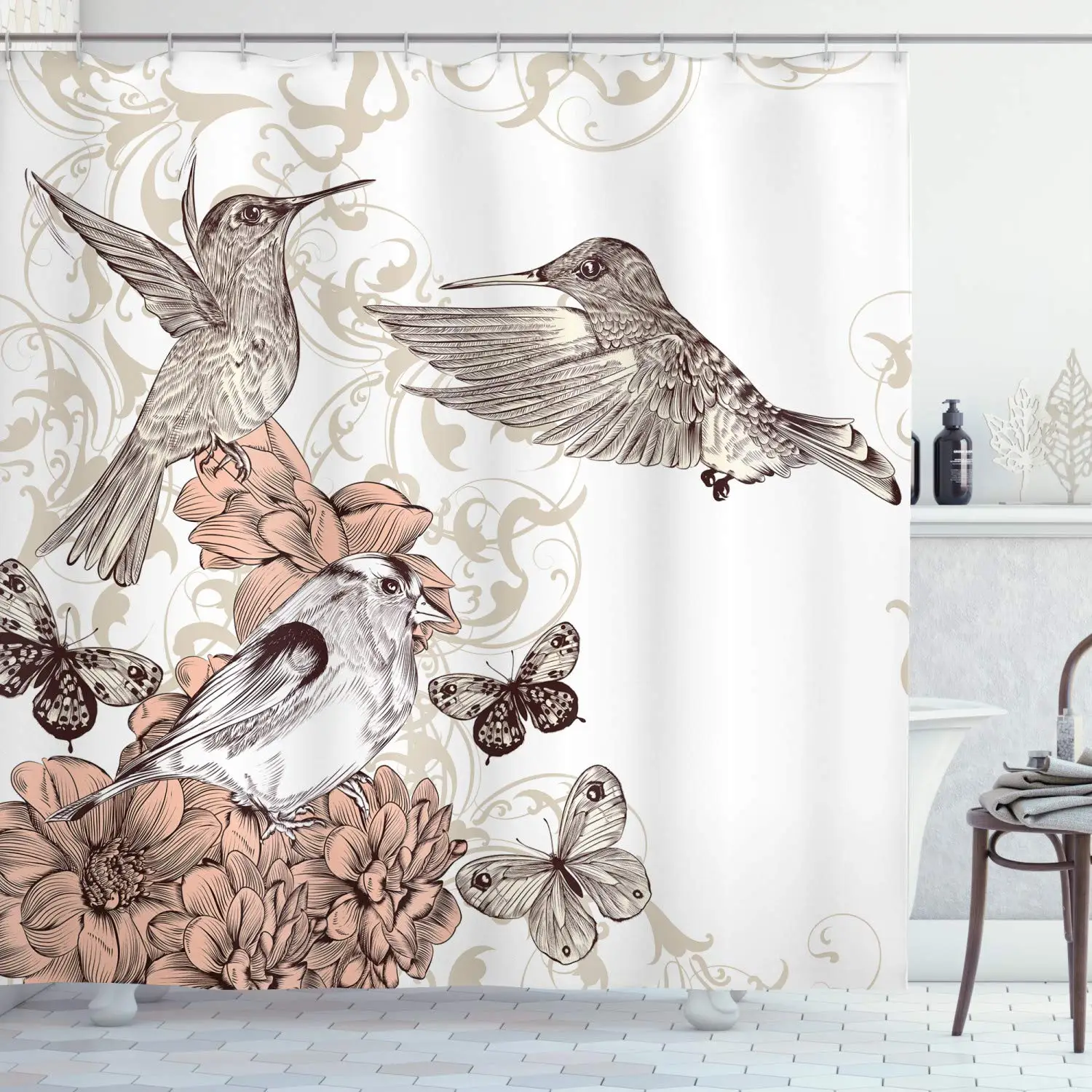 Hummingbird Shower Curtain Vintage Style Artwork with Birds Butterflies