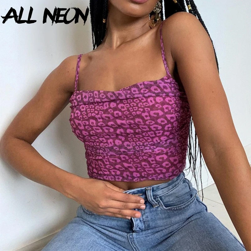 

ALLNeon Y2K Aesthetics Hot Pink Bandage Backless Cropped Top E-girl Sexy Printing Straped Sleeveless Camis Vintage 90s Partywear