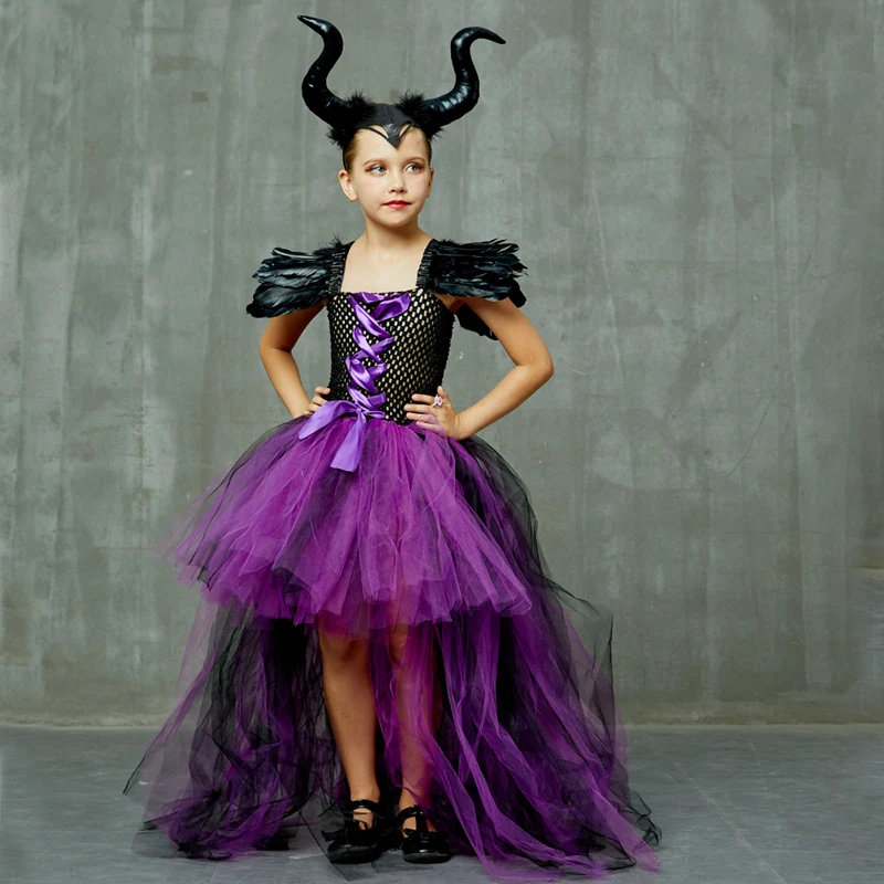 Halloween Maleficent Evil Dark Queen Girls Tutu Dress with Horns