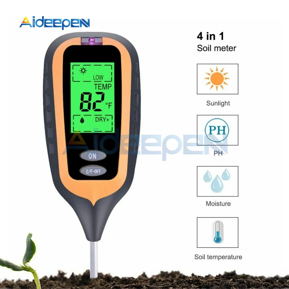 Medidor de Ph del suelo 4 en 1, medidor de humedad del PH, temperatura, luz solar, análisis de medición de intensidad, acidez, álcali para jardín| Medidores de PH| -