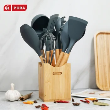 

9/12Pcs Kitchen Set Silicone Cooking Utensils Set Non-stick Spatula Heat Resistant Wooden Handle Cooking Kitchen Tools 6 Colors