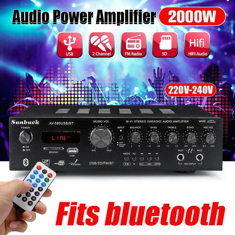 

2000W 2 Channel HiFi Amplifier bluetooth Home Theater Stereo Power Amplificador Audio Car Amplifier FM MP3 Player Remote Control