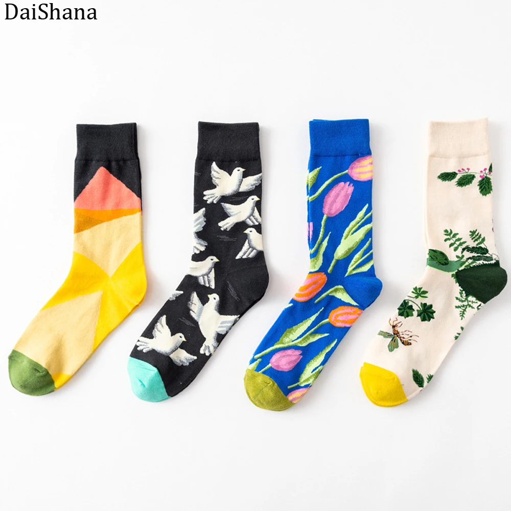 DaiShana/1 пара, Новое поступление, женские носки Harajuku, креативные хлопковые носки с принтом цветов и птиц, забавные повседневные модные носки со средним голенищем в европейском и американском стиле, красные женские носки, Mujer, носки женские