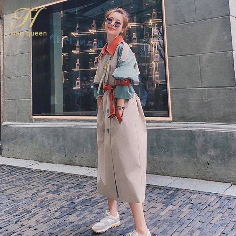 H Han Queen Colorblock Brand Fashion Autumn Casual Double breasted Simple Classic Long Trench coat with belt Chic windbreaker