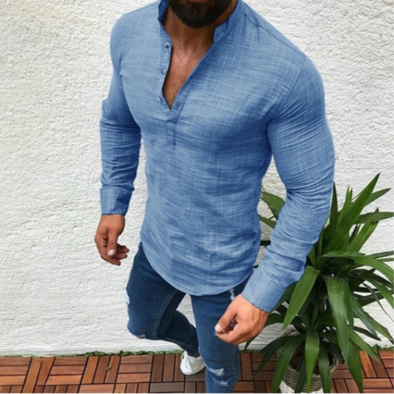 Blouse Shirt Top-Linen Cut-Collar Long-Sleeve Black White Male V-Neck Mens Fashion Gray