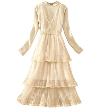 

2020 New Two piece Lace Fall Long Sleeve Round Neck Ladies dresses women autumn elegant Dress