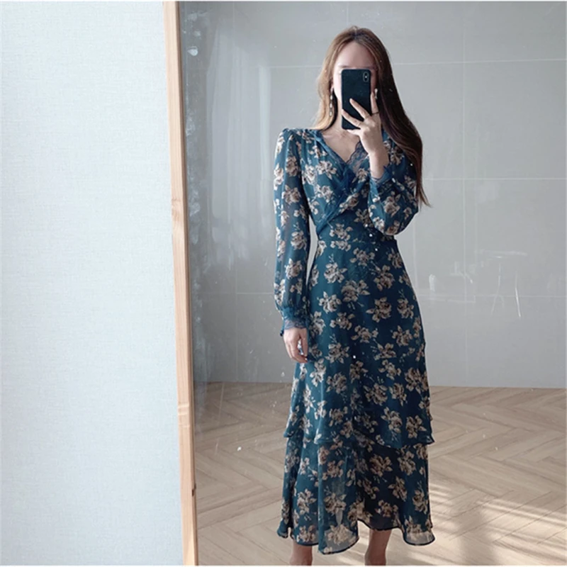 TongLord Spring Lace V-neck Floral Print Women Chiffon Dress 2020 Full Sleeve Lace-up Waist A-line Dress Female Chiffon Vestidos