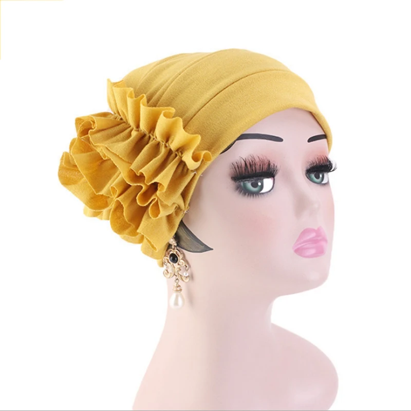 Women Model Headscarf Cap Western Style Ruffle Hat Beanie Scarf Turban Wrap Hedging Cap