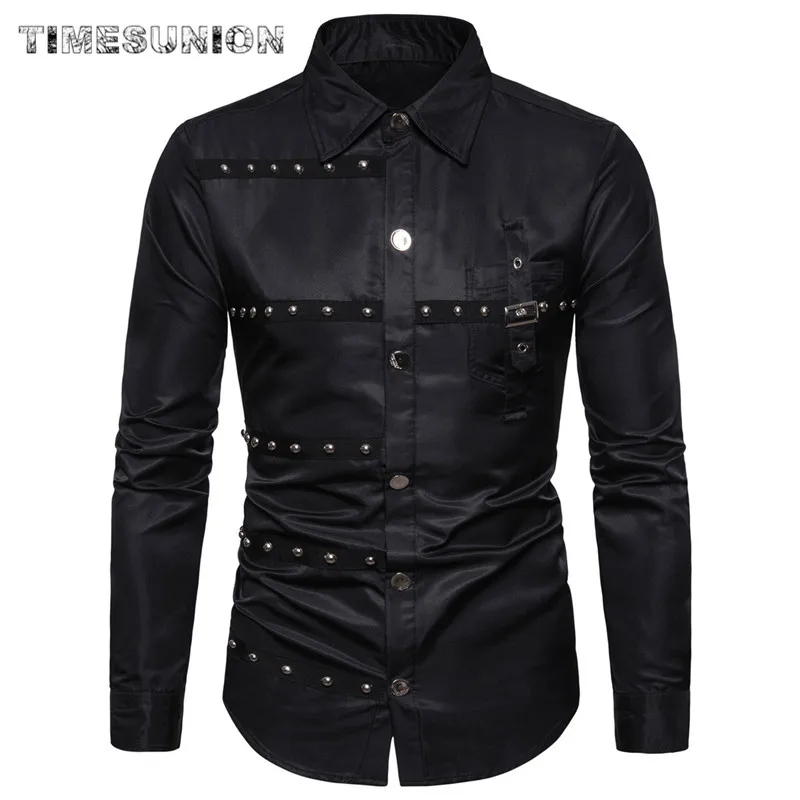 TIMESUNION Hip Hop Rivet Shirt Men 2020 Fashion Gothic Long Sleeve Casual Shirts Cotton Slim Uniform Stage Costumes