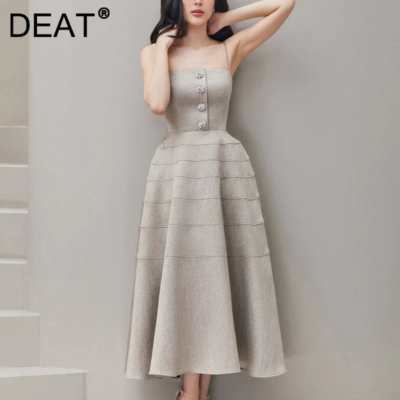 DEAT Woman Midi Dress Banquet Button Spaghetti Strap Slim Elegant Fashion Formal Style Ball Gown Dresses 2022 New Summer 15XM028 | Женская