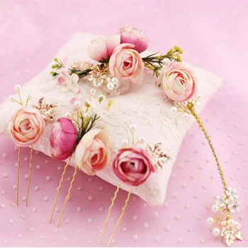 

4 Pcs Rose Flower Hairpin Hair Decorations U-shaped Hairpin Hair Clips Accessories for Wedding Bride Bridesmaid Party (Pink)
