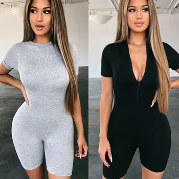 

Autumn Women Zip Sexy V Neck Cotton Bodysuit Long Sleeve Clothes Sexy Slim Short Solid Knitted Bodycon Bandage Jumpsuit