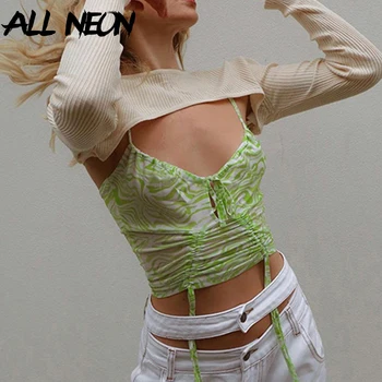 

ALLNeon E-girl Sweet Zebra Printing Spaghetti Strap Drawstring Milkmaid Tops Y2K Sexy Hollow Out Ruched Bandage Cami Tops Autumn