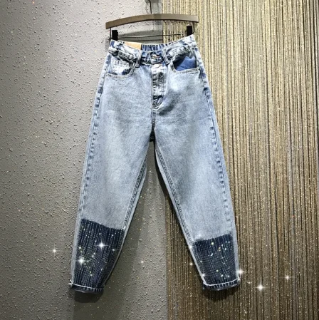 

Woman's Jeans Pants 2020 Spring Summer New Hot Drilling Mixed Colors Casual High Waist Loose-Fit Denim Ankle-length Pants Jeans