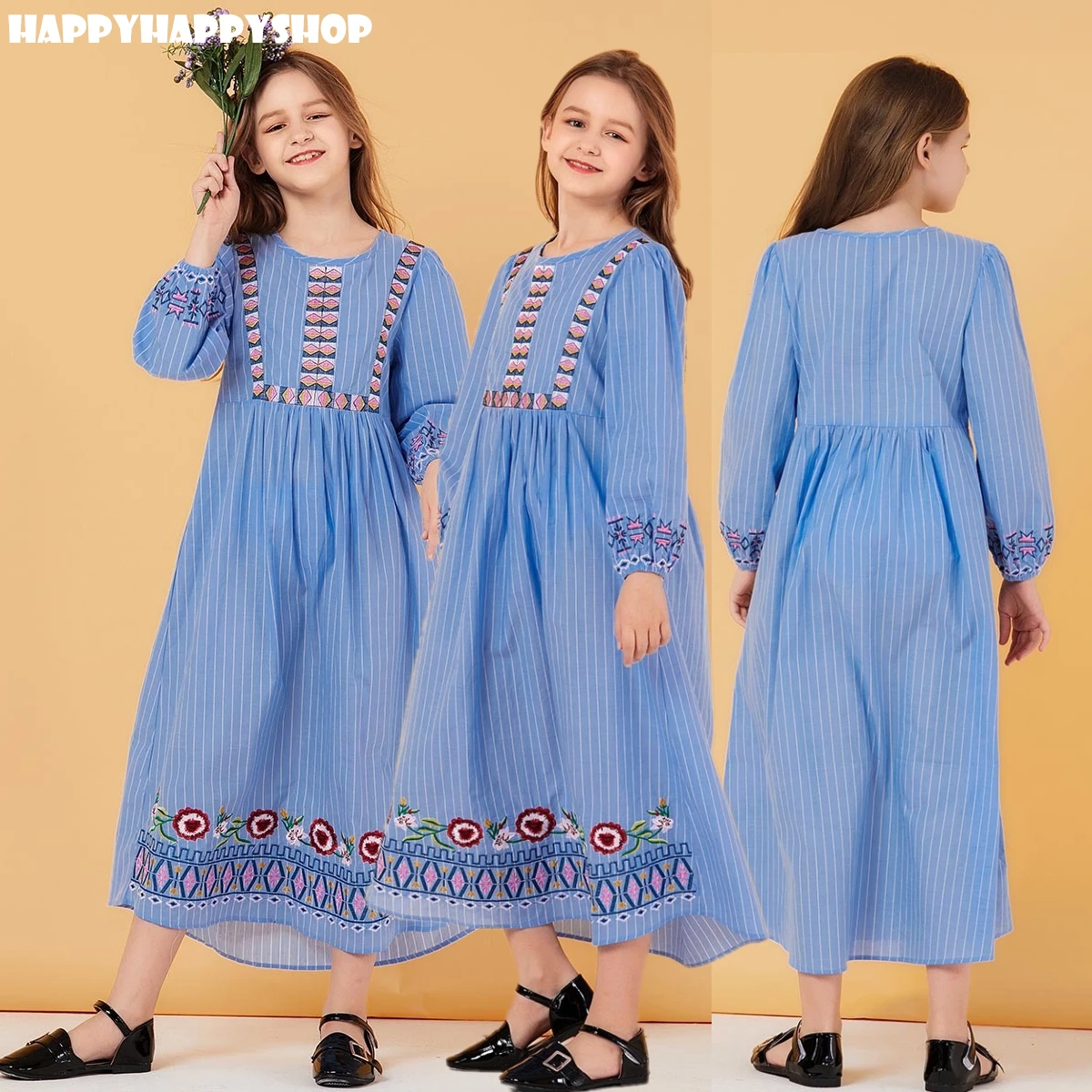 Летние детские длинные платья с вышивкой в этническом стиле для девочек