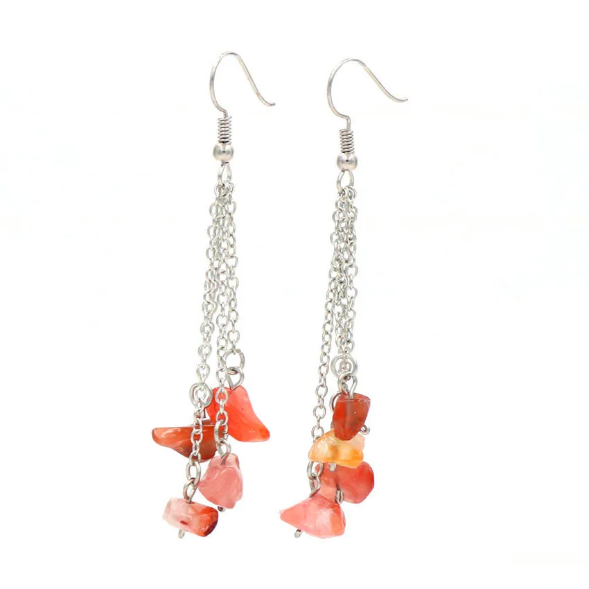 

FYJS Unique Silver Plated Link Chain Carnelian Small Stones Dangle Earrings for Anniversary Jewelry