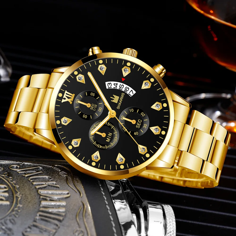 2021 Luxury Brand SHAARMS Alloy Strap Men's Watch Diamond Waterproof Quartz Watch for Men's Analog Three-eye Calendar Male Clock