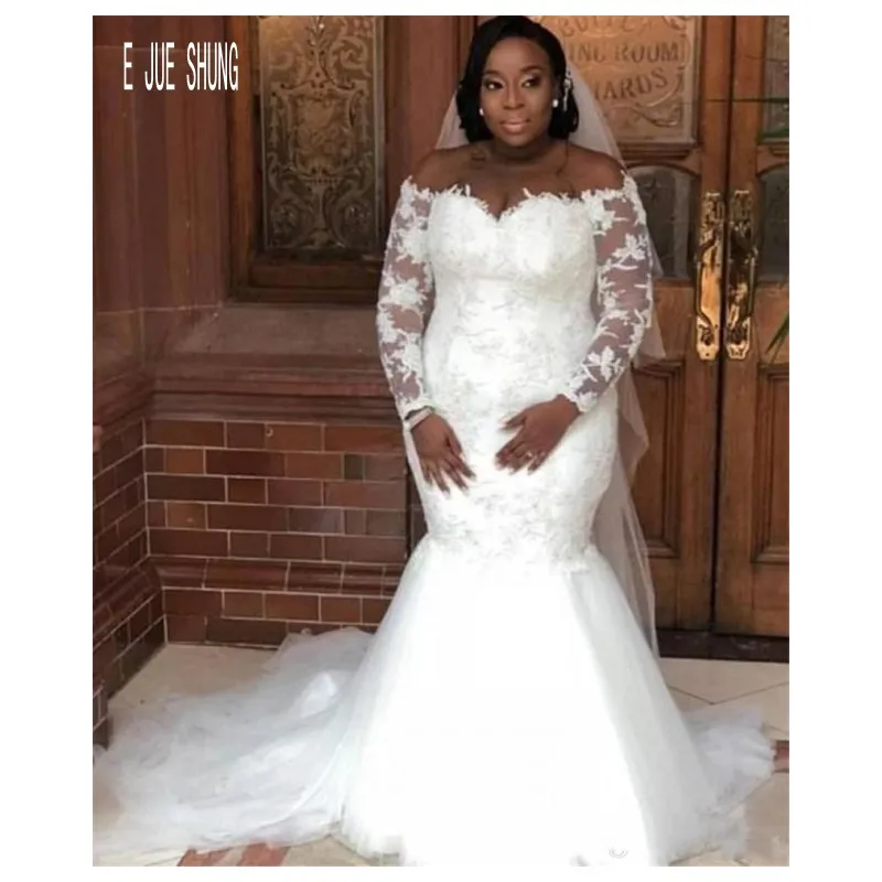 E JUE SHUNG Elegant African Mermaid Wedding Dresses Sheer Long Sleeve Bridal Gowns Lace Appliques Plus Size | Свадьбы и торжества
