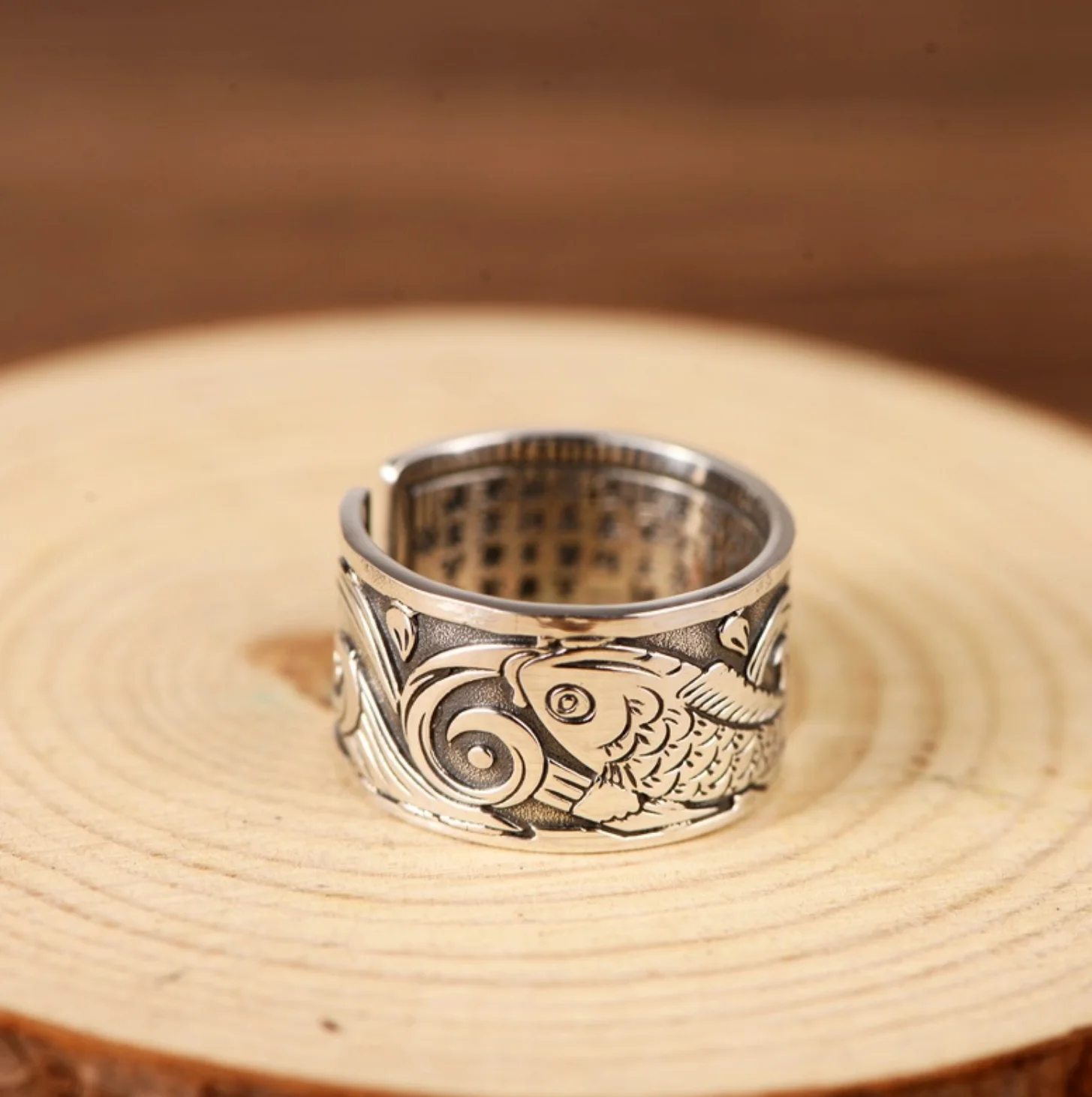 

925 Silver Vintage Oriental Guardian Lucky Koi Carving Heart Sutra Men's Ring Opening Adjustable
