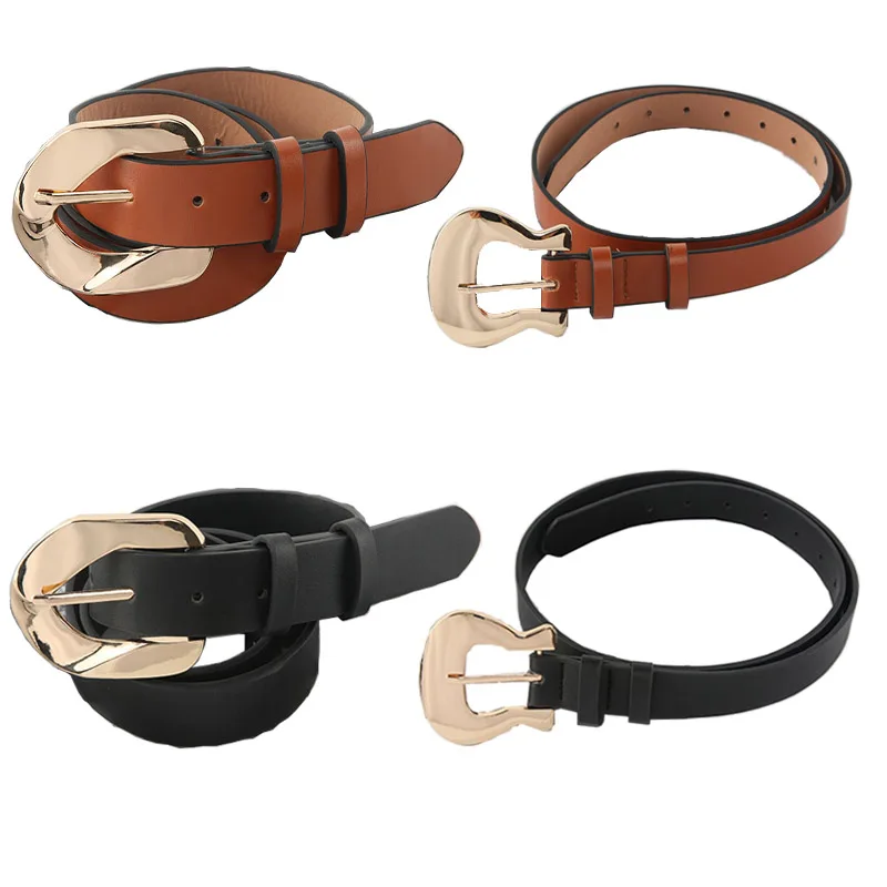 

Fashion Women Belts Luxury Brand Design Gold Buckle PU Leather Black Thin Waist Strap All-match pants Trousers Female Waistband