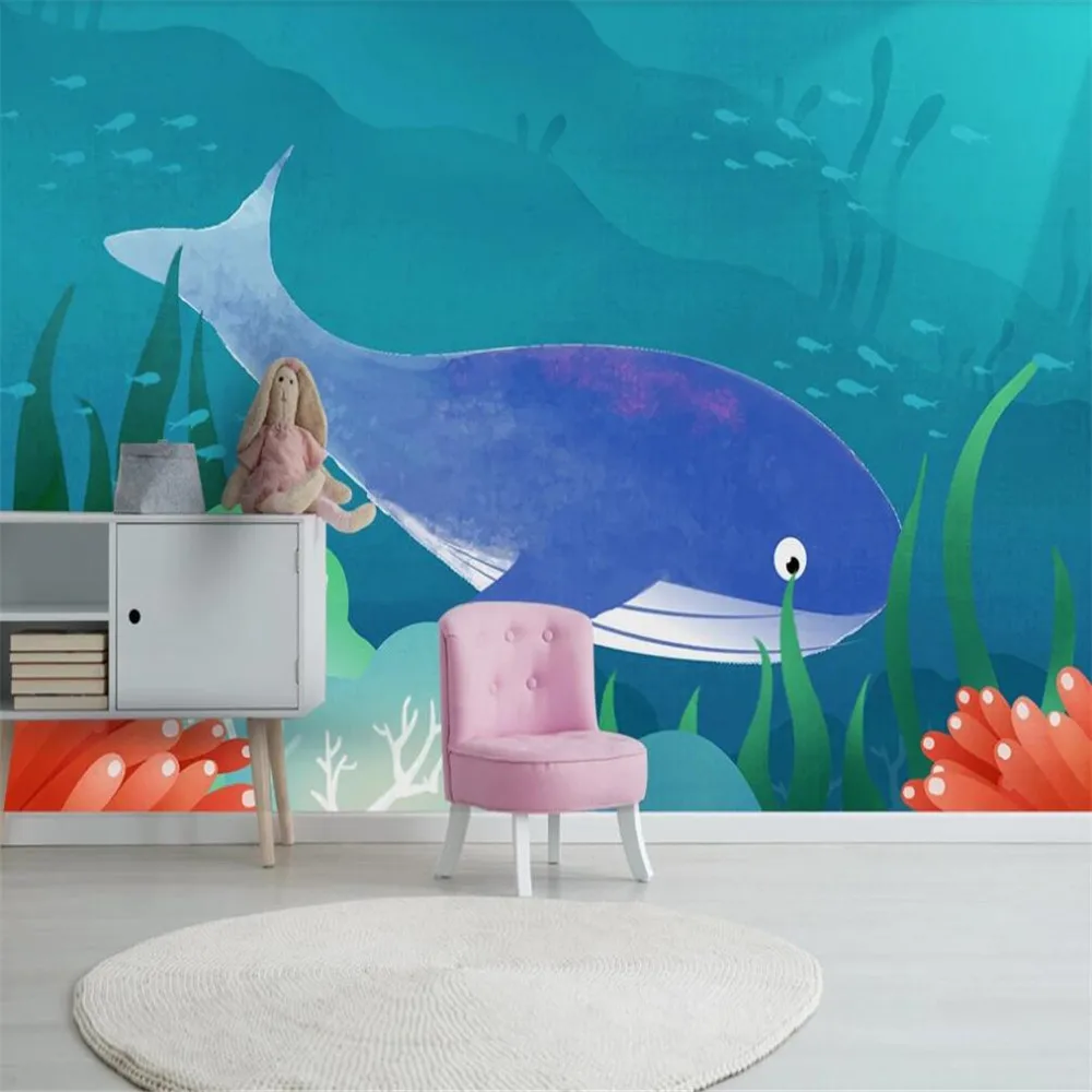 

Drop Shipping Custom 3D Wallpaper Mural Hand Painted Watercolor Marine Whale Children's Room Decoration Painting Wallpa