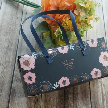 

2 Size 5pcs Rose Gold Pink Flower Dark Blue Style Paper Box with Handle Candy Cookie Chocolate Gift Packaging Wedding Use