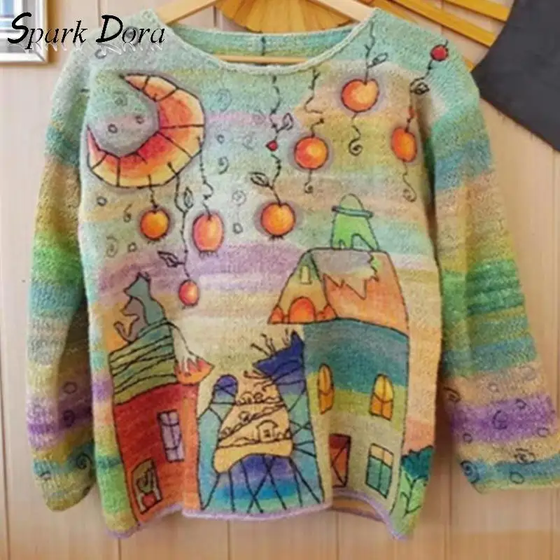 Free Shipping Sweater Women Winter Fashion Outwear Leisure Printed Long Sleeve Hit Color Comfort Loose Female Pullover | Женская одежда