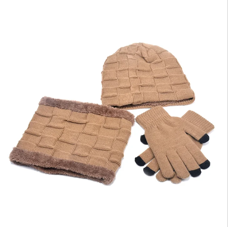 Three-piece khaki Dihope Зимняя Шапка-бини для мужчин и женщин, шапка, шарф, теплый шарф и шапка, набор перчаток, мужская и женская шапка, шарф, набор из 3 предметов, Skullies Beanies - Цвет: Three-piece khaki