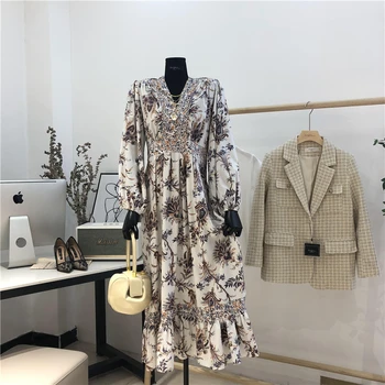 

New style dress women s Vintage V neck chiffon Bohemia long beach seaside holiday